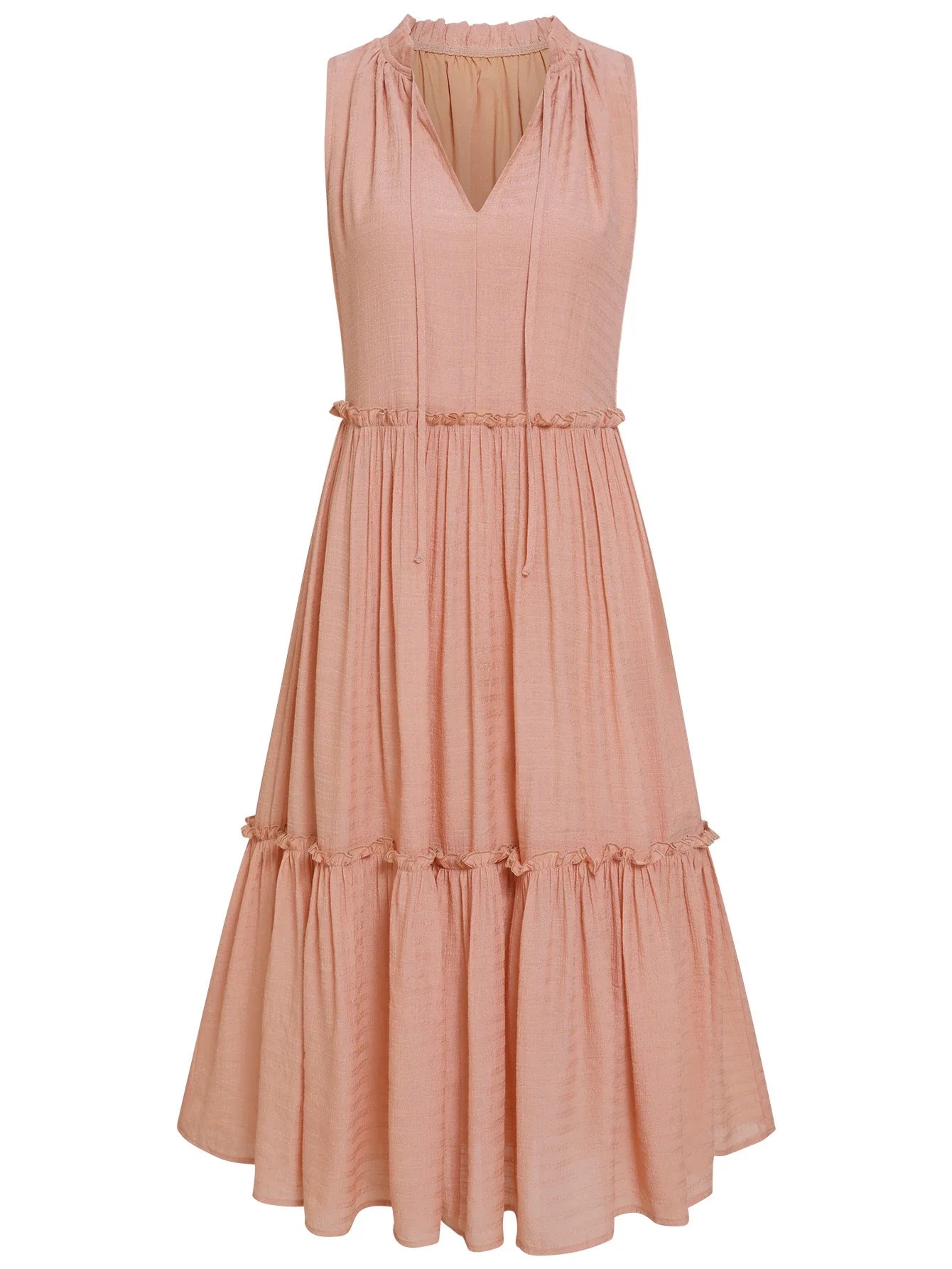 Elegant V-neck sleeveless summer dress in loose fit, available in a range of vibrant colours including light orange, black, and blue.