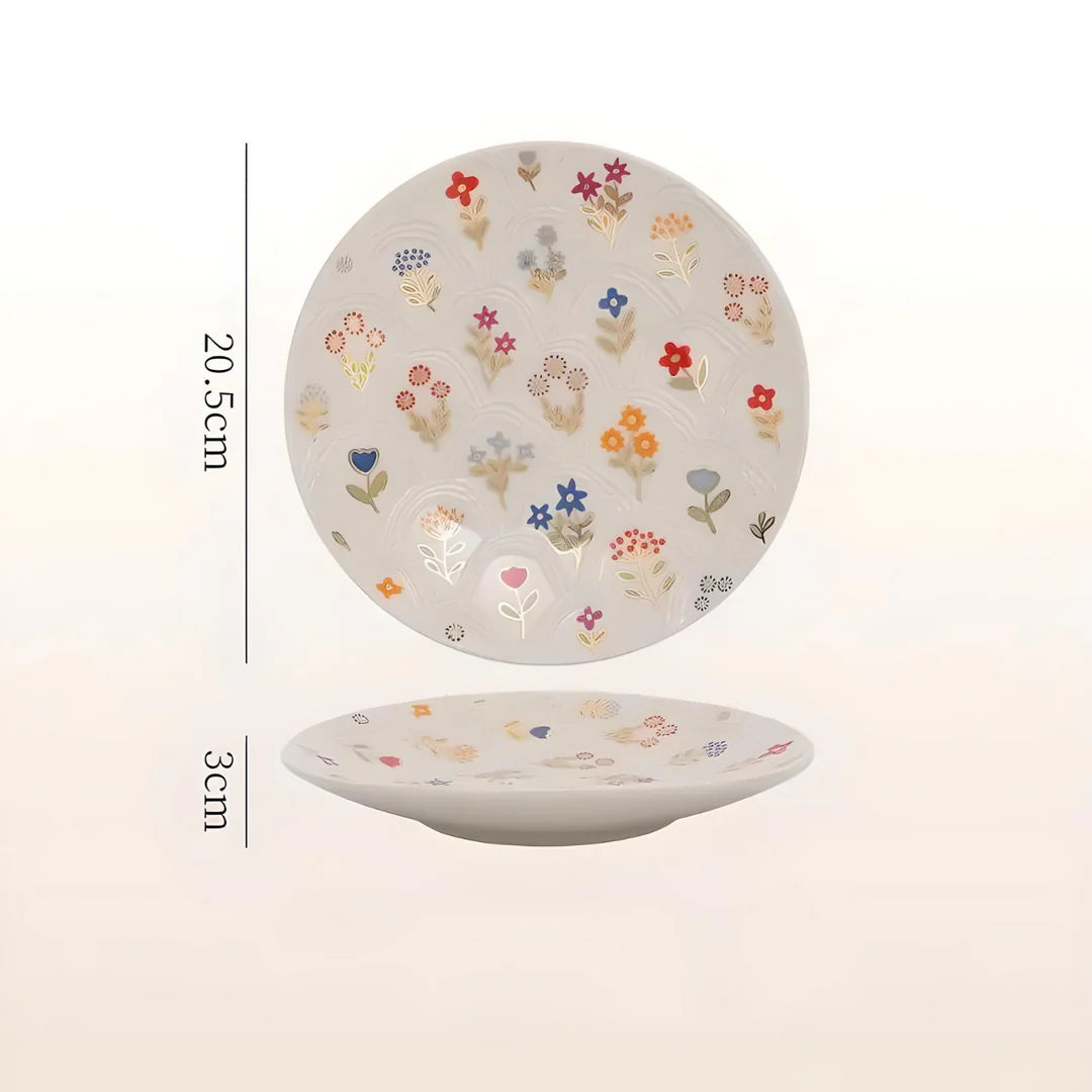 Elegant floral ceramic plate with intricate underglaze pattern, perfect for serving breakfast, lunch, dinner or desserts