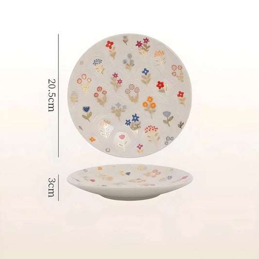 Elegant floral ceramic plate with intricate underglaze pattern, perfect for serving breakfast, lunch, dinner or desserts