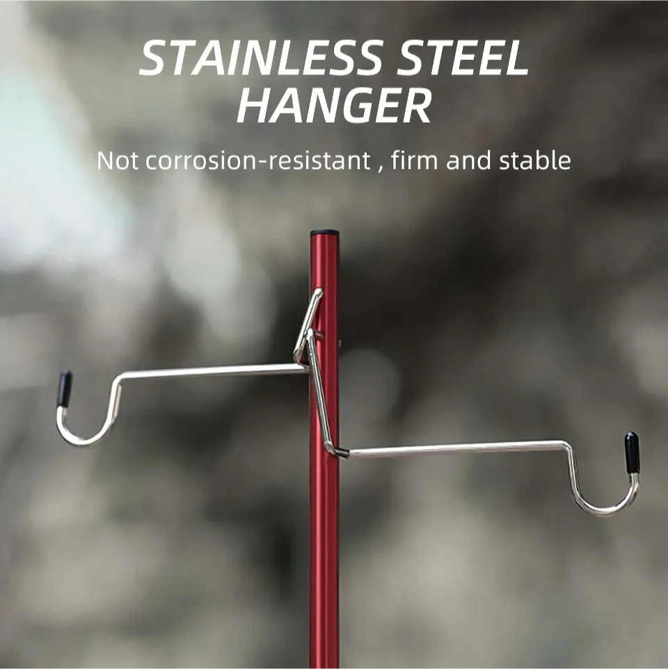 Adjustable camping lantern stand with detachable hangers, made of corrosion-resistant stainless steel and aluminium alloy for stable and elevated lighting.