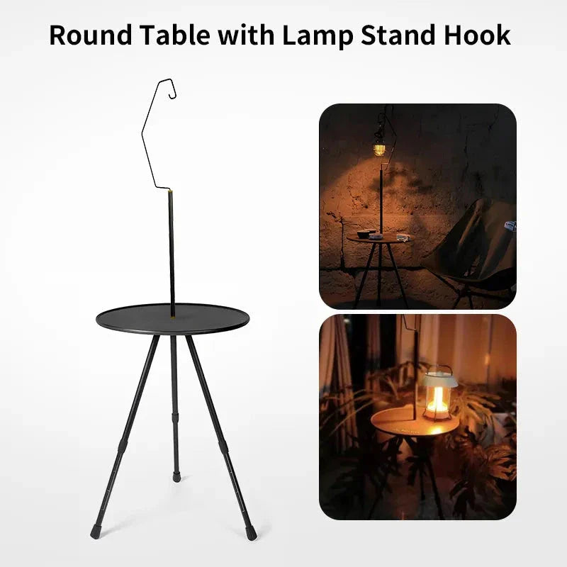 Adjustable ultralight portable camping round table with optional light stand, made from premium ABS and aluminium for durability and convenience