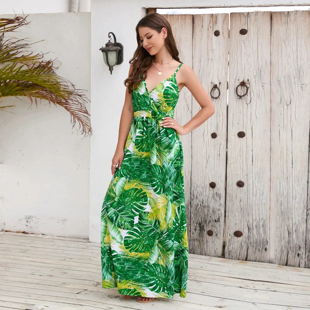Elegant bohemian-inspired paisley print maxi dress with spaghetti straps and V-neckline