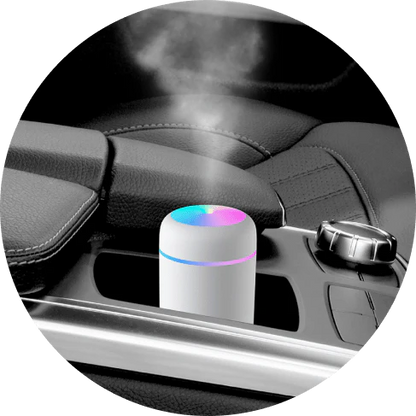 Compact in-car humidifier with LED lights for soothing mist and calming ambiance in your vehicle