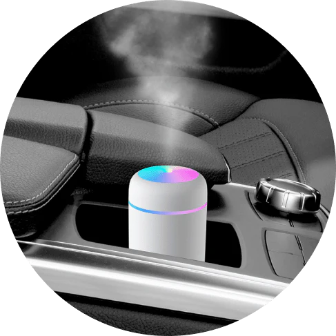 Compact in-car humidifier with LED lights for soothing mist and calming ambiance in your vehicle