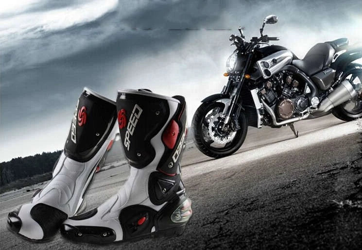 Durable all-weather motorcycle boots with microfiber leather, carbon fibre reinforcements, and shock-absorbing sole for versatile protection and style