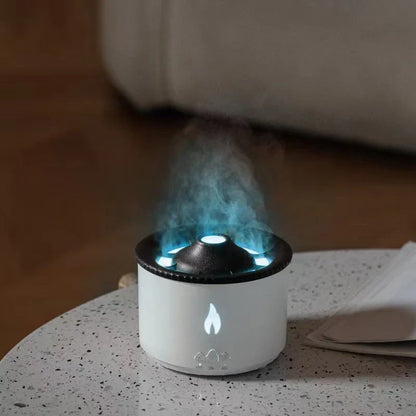 Elegant ultrasonic essential oil humidifier with flame and jellyfish-inspired lighting effects for relaxing ambiance