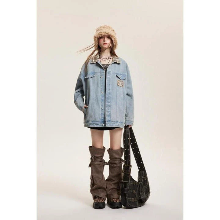 Stylish leopard-print denim jacket with a patchwork design, perfect for versatile fashion.