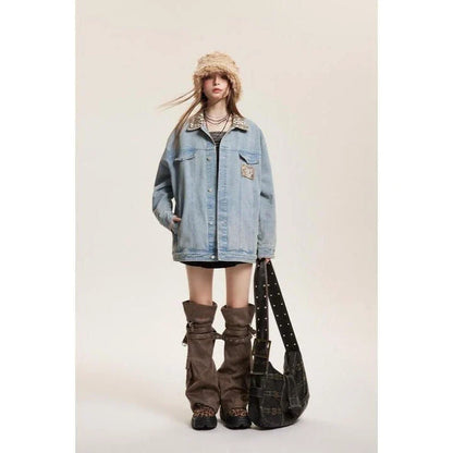 Stylish leopard-print denim jacket with a patchwork design, perfect for versatile fashion.