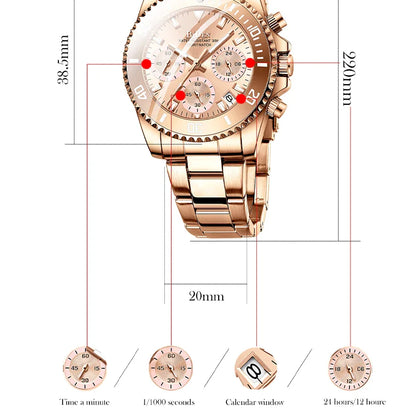 Elegant ladies' fashion watch with multifunctional features like luminous display, calendar, and 24-hour indication for professional use