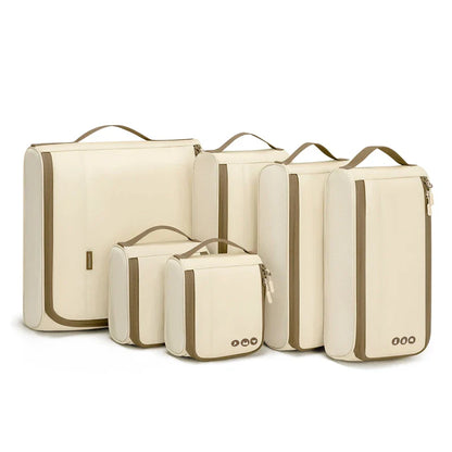 Trendha 6-Piece Travel Organizer Bag Set in Beige with Sturdy Wire Frame and Breathable Mesh Sides