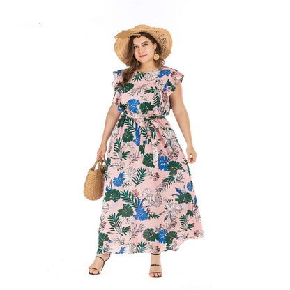 Bohemian-style summer dress in pink with an elastic waist and flowing swing skirt, available in plus sizes 3XL and 4XL