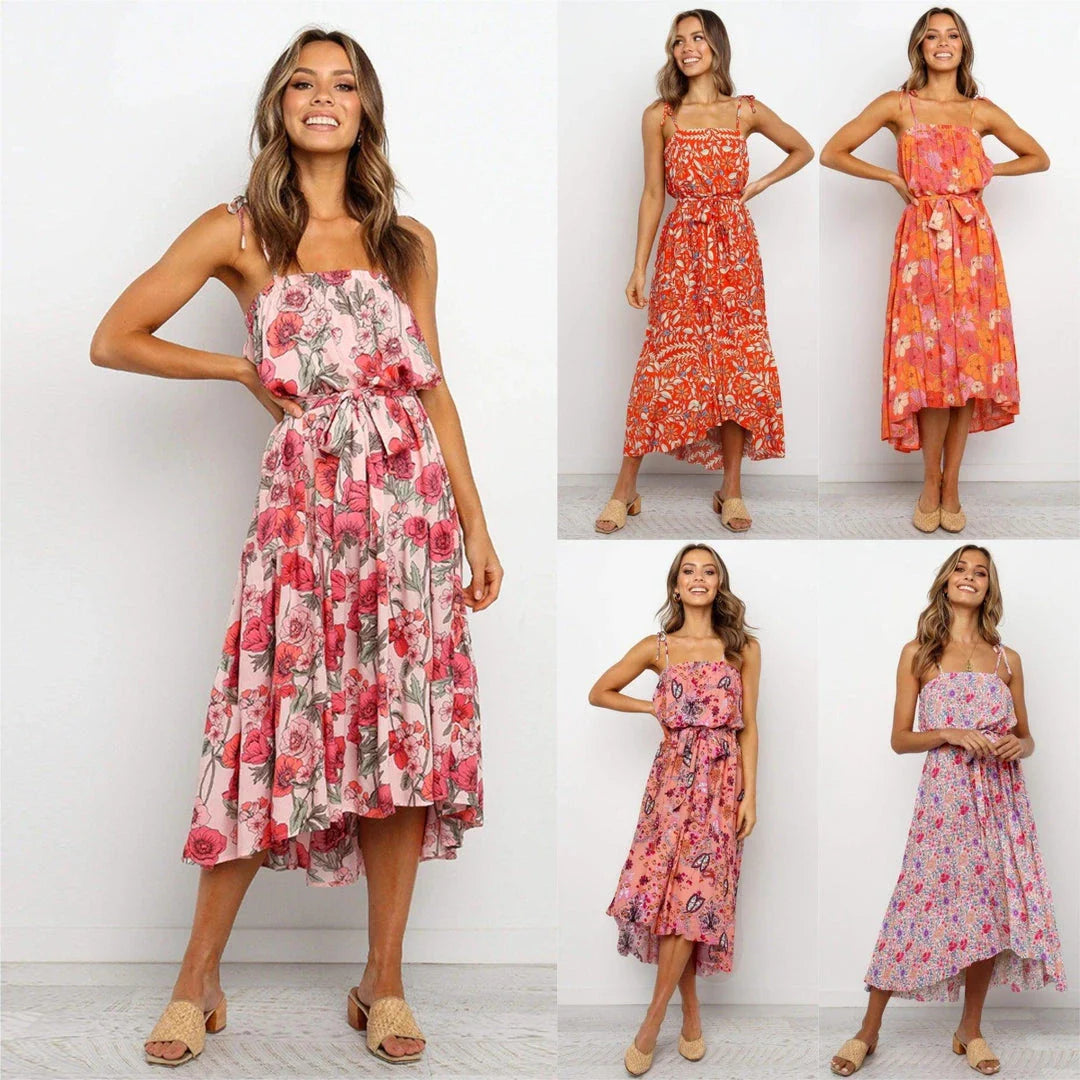 Printed camisole dress with a flattering mid-length swing skirt and a high-waisted design for a stylish, figure-enhancing look.