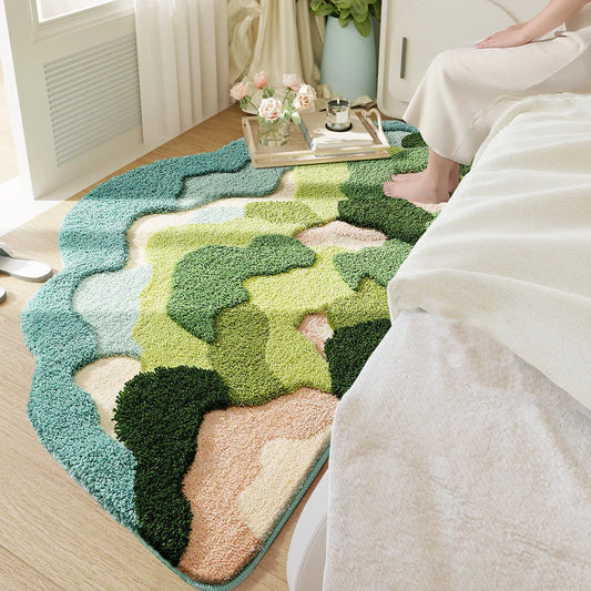 Elegant irregular-shaped Mountain Forest Flocked Carpet with a Kilim-inspired plant pattern, made from soft and durable 100% polyester material.