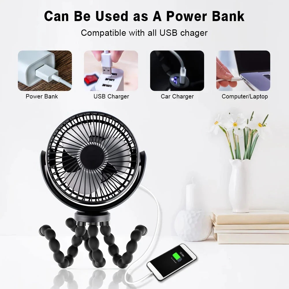 Compact Octopus-Inspired Mini Fan with Flexible Legs, Adjustable Speeds, and Power Bank Functionality