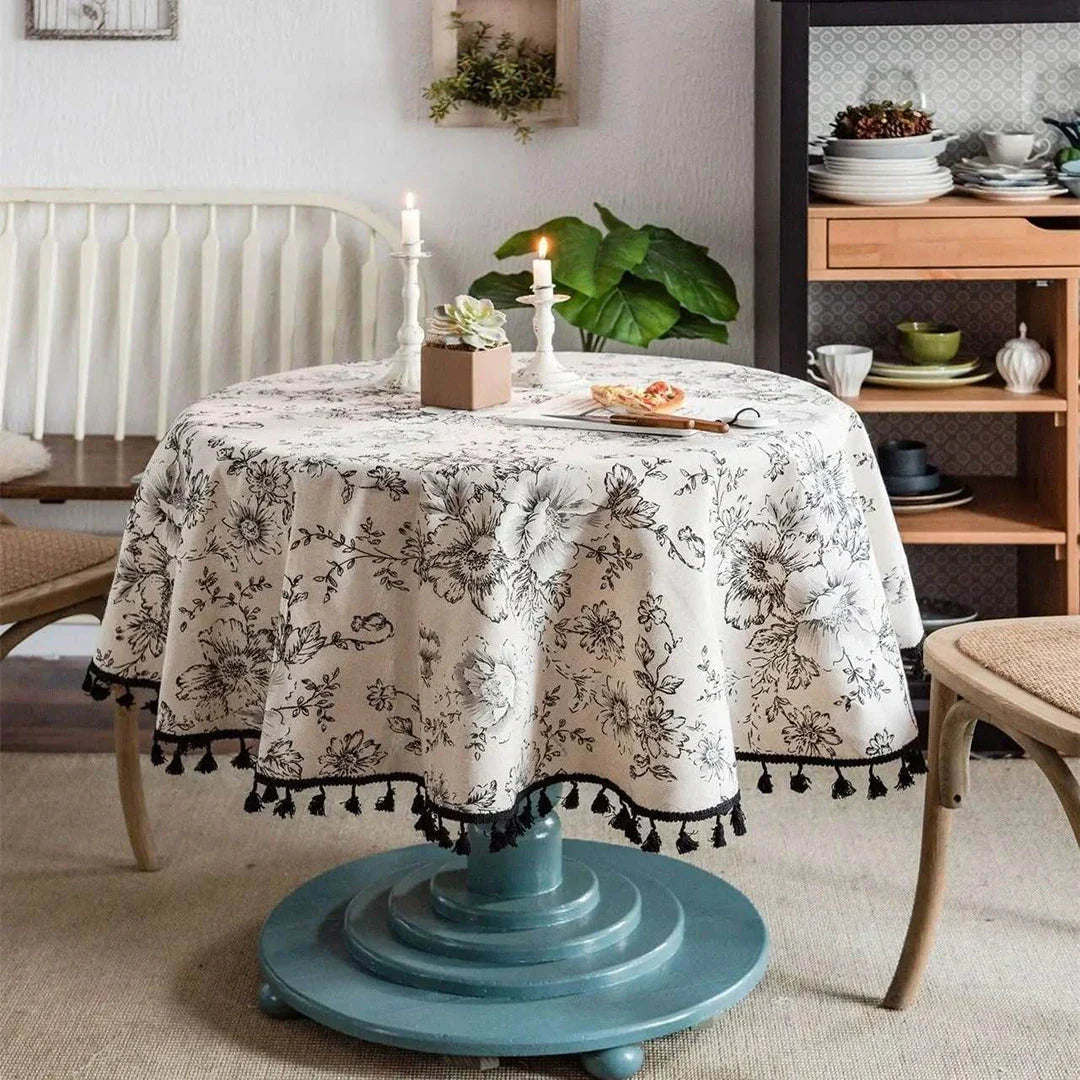 Elegant floral cotton linen round tablecloth with charming tassels, perfect for dining and home decor in the UK