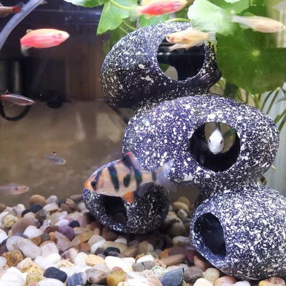 Decorative grey resin fish tank stone with natural cobblestone texture for breeding and shrimp shelter in aquarium