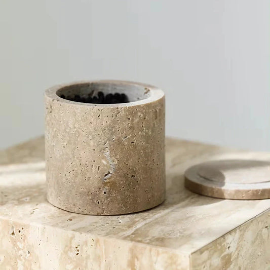 Elegant beige travertine stone storage container with Scandinavian-inspired design, suitable for kitchen, bathroom, and bedroom