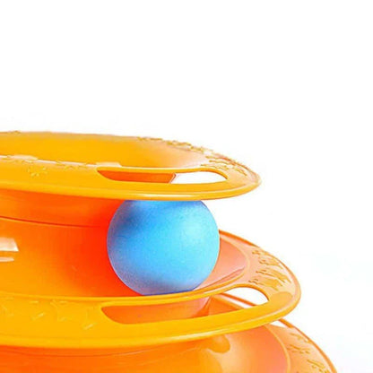 A yellow cat pyramid toy with colourful bouncing balls, designed to engage and entertain your feline companion