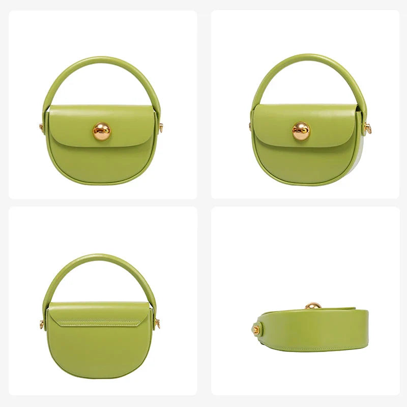 Exquisite red leather round handbag with ball-inlaid hardware, a chic and versatile accessory for UK fashion enthusiasts