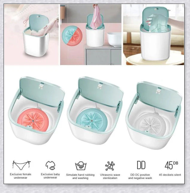 Compact and portable mini washing machine with powerful 18W motor, energy-efficient design, and ultrasonic sterilization for deep cleaning in small spaces