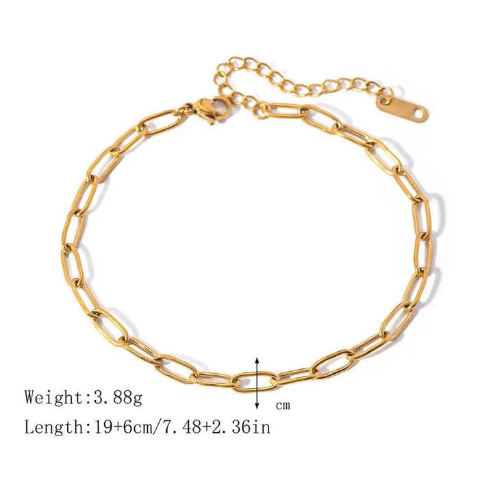 Elegant 18K gold-plated stainless steel paper clip chain anklet with minimalist, sophisticated design
