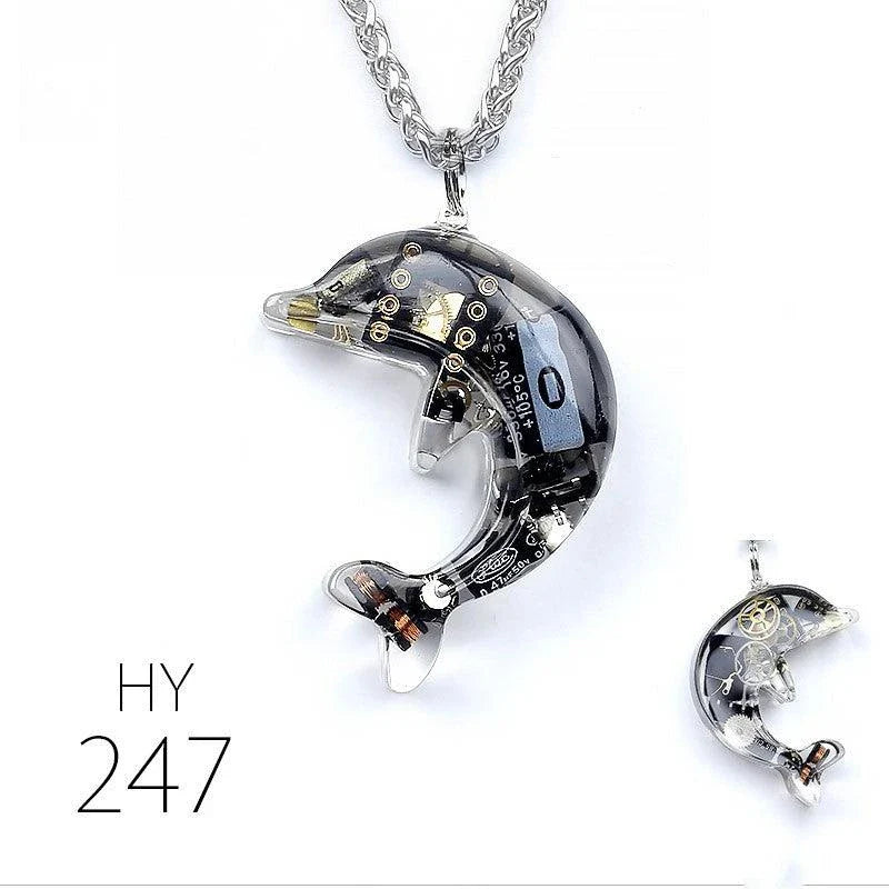 Steampunk-inspired dolphin pendant necklace with electronic components and brass accents