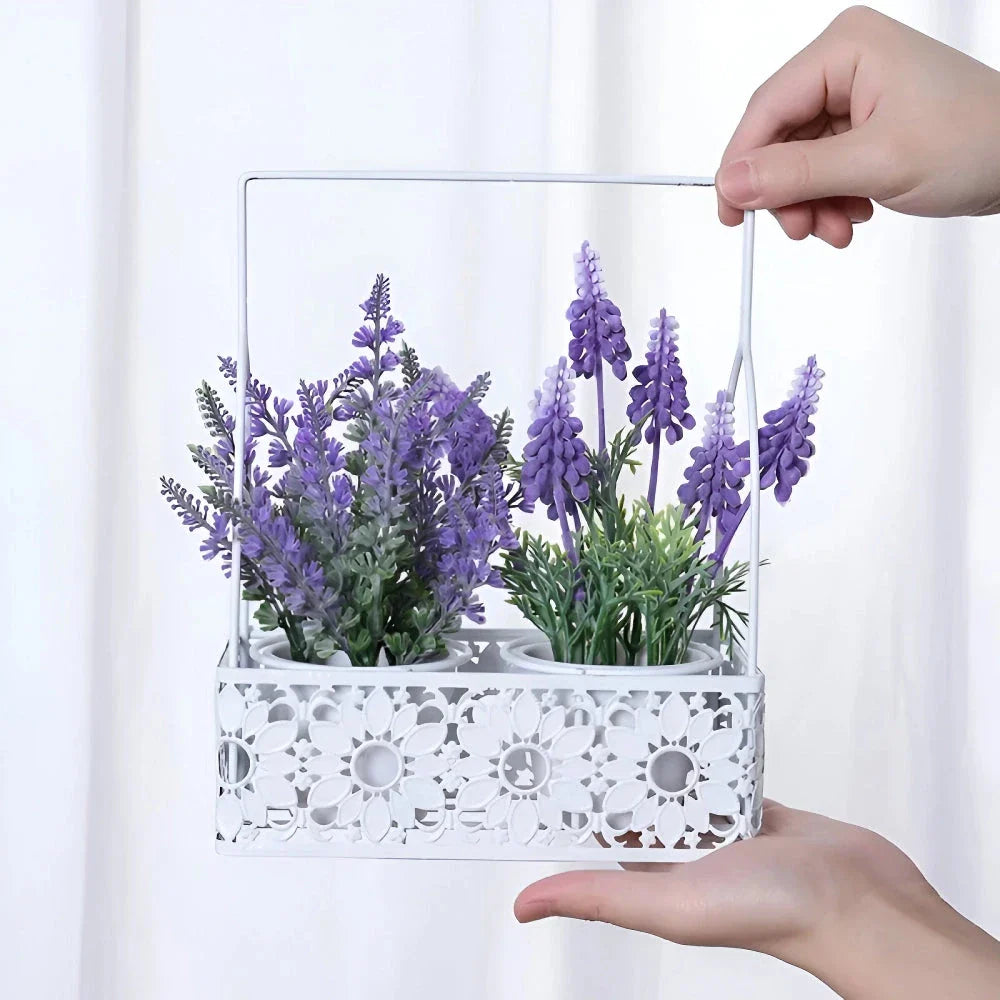 Artificial lavender floral arrangement in an iron basket, creating a rustic and elegant home decor piece