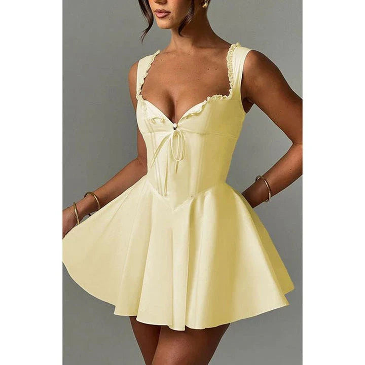 Elegant summer a-line party dress with lace-up detail, available in yellow