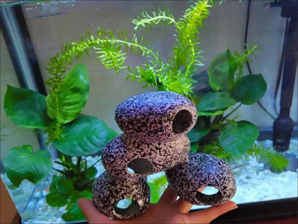 Decorative grey resin fish tank stone with natural cobblestone texture for breeding and shrimp shelter in aquarium
