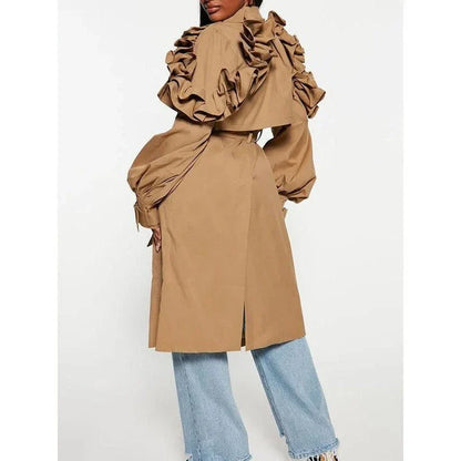 Elegant spliced ruffle trench coat for women in khaki colour, featuring premium cotton-polyester blend, stylish ruffles, and flattering wide-waisted fit