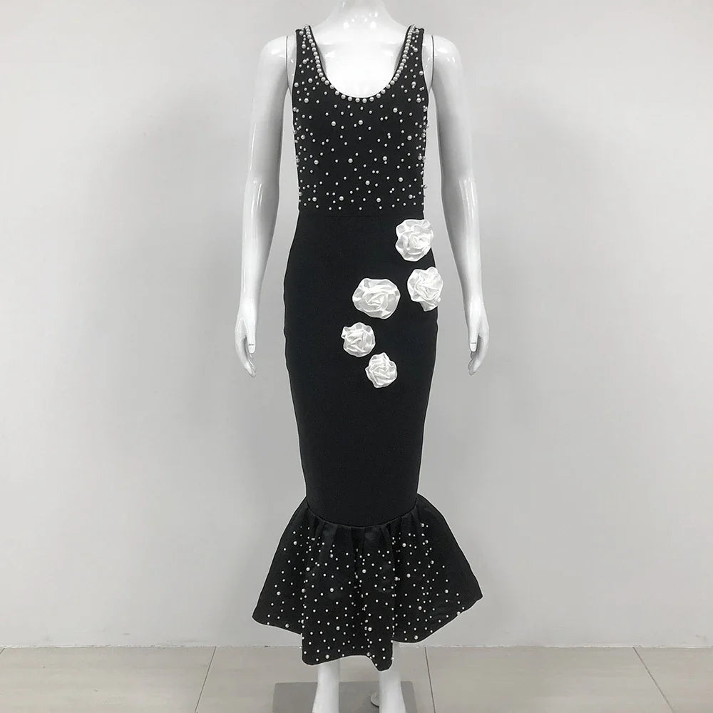 Elegant slim-fit beaded floral dress in black colour