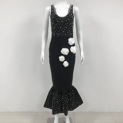 Elegant slim-fit beaded floral dress in black colour
