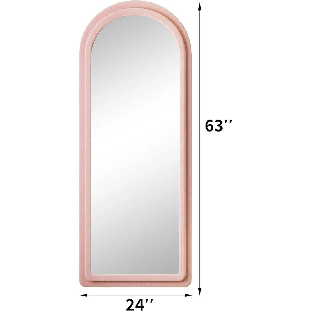 Arched full-length mirror with flannel frame, featuring a unique rabbit ear design for hanging accessories