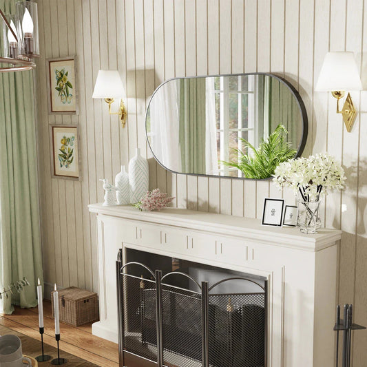 Elegant black oval-shaped wall mirror with a modern and sophisticated design, perfect for bathroom, entryway, and living room decor.