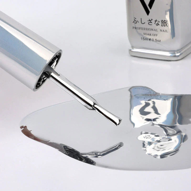 Metallic Mirror Silver Gel Nail Polish with a sleek, reflective shine for a professional, long-lasting manicure