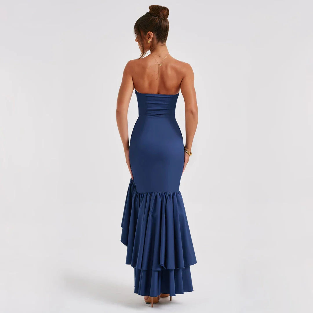 Captivating blue ruffled long dress with asymmetrical design and strapless neckline for elegant evening events