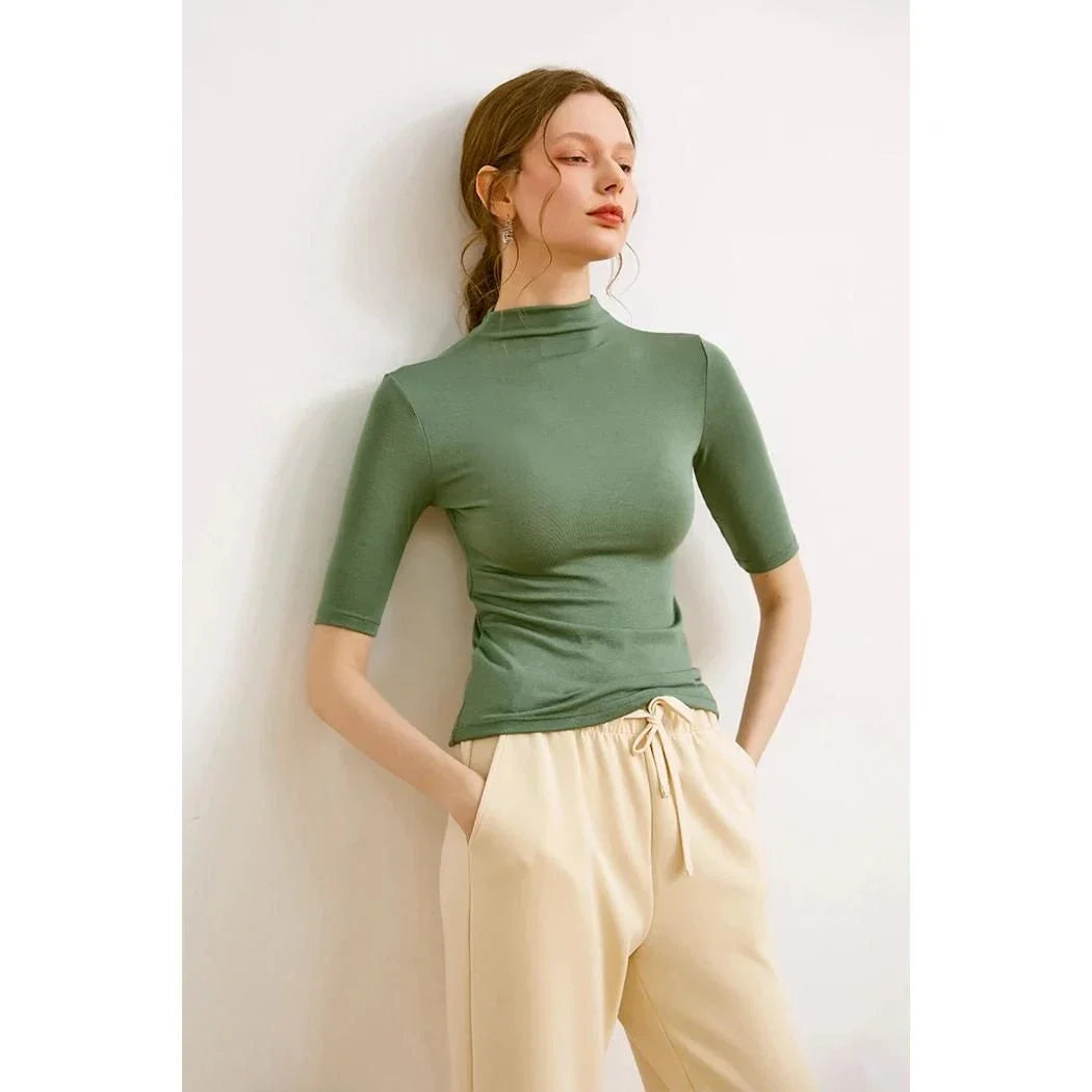 Women's Mock Neck Wool Blend T-Shirt in Pink - Elegant and Comfortable British-Inspired Design