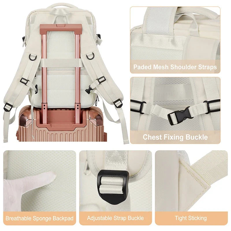 Expandable travel laptop backpack with multiple compartments and water-resistant nylon construction