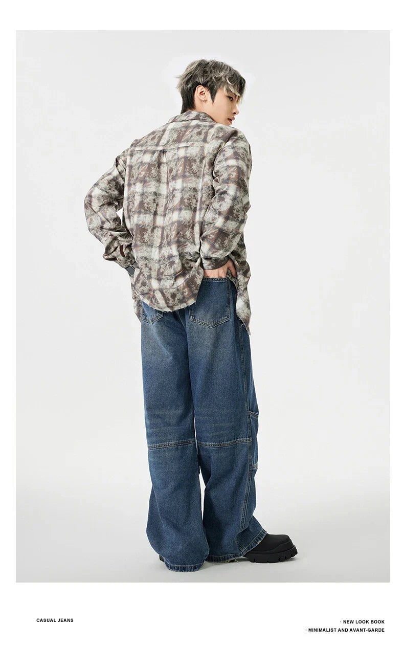 Men's overalls in retro blue denim with zipper fly and comfortable mid-waist design
