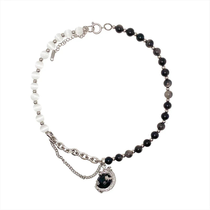 Black agate dragon pendant necklace made of titanium steel with adjustable chain and elegant design