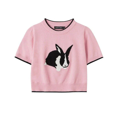 Charming Rabbit Cartoon Short Sleeve Knitted Top in Grey