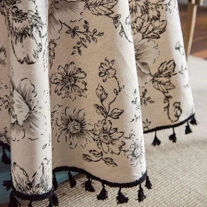 Elegant floral cotton linen round tablecloth with charming tassels, perfect for dining and home decor in the UK
