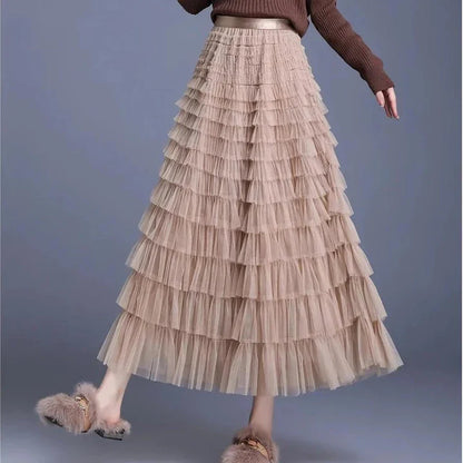 Elegant British Summer Tulle Skirt in Champagne colour, featuring a flattering A-line silhouette and charming tiered design