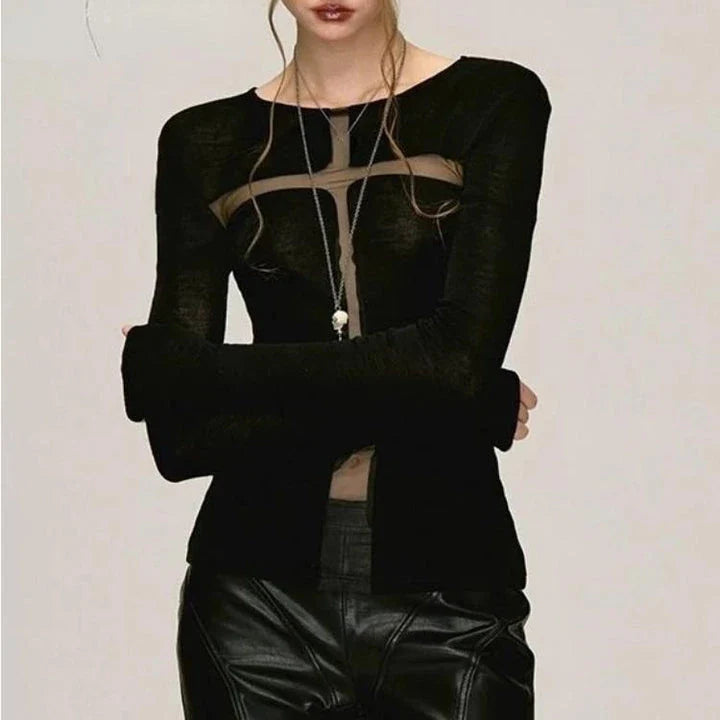 A stylish Gothic Cross Gauze T-Shirt featuring a subtle yet bold cross design and a see-through gauze patchwork for a captivating, edgy look.