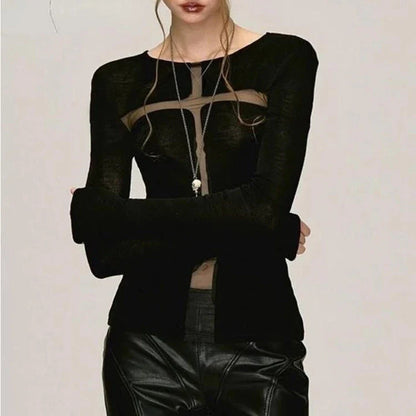 A stylish Gothic Cross Gauze T-Shirt featuring a subtle yet bold cross design and a see-through gauze patchwork for a captivating, edgy look.