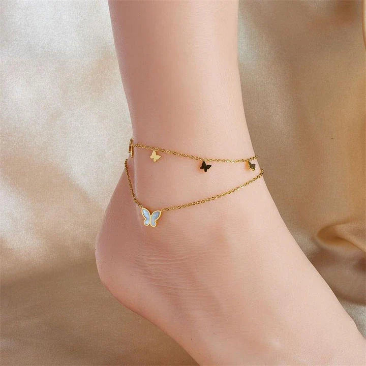 Chic stainless steel double-layer butterfly anklet with adjustable chain and metallic finish