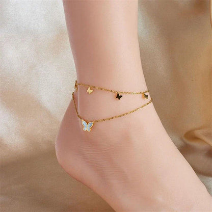 Chic stainless steel double-layer butterfly anklet with adjustable chain and metallic finish