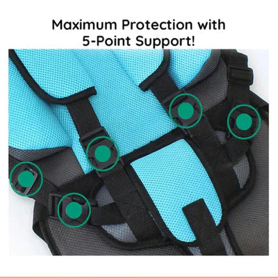 Adjustable infant car seat cushion with 5-point harness, plush padding, and foldable design for safe and comfortable travel with children