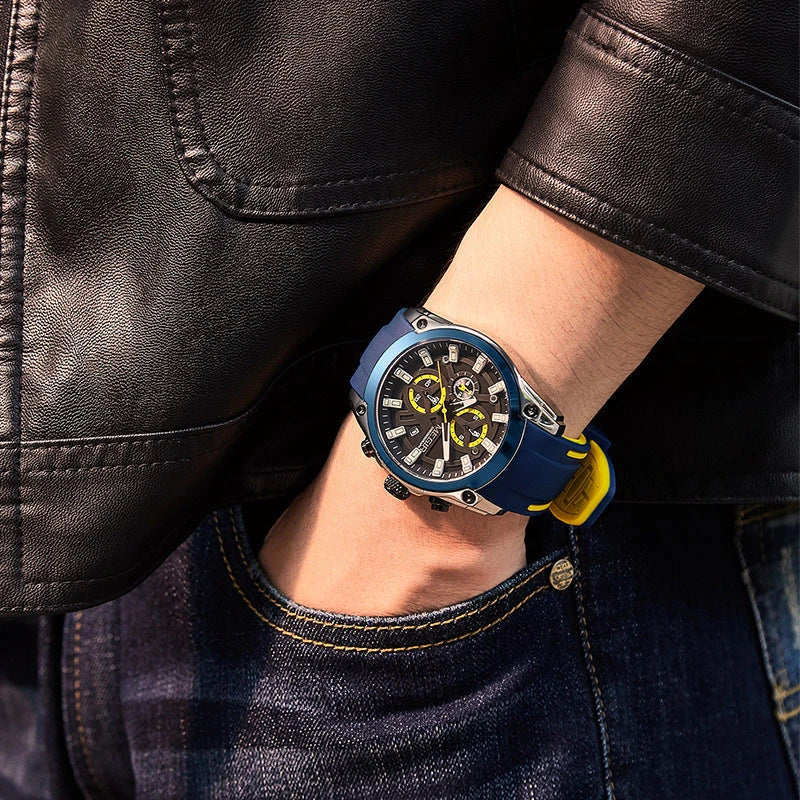 Trendha Multipurpose Sports Silicone Watch with Black Steel Case, Blue Ribbon, Durable Silicone Strap, and Precise Quartz Movement