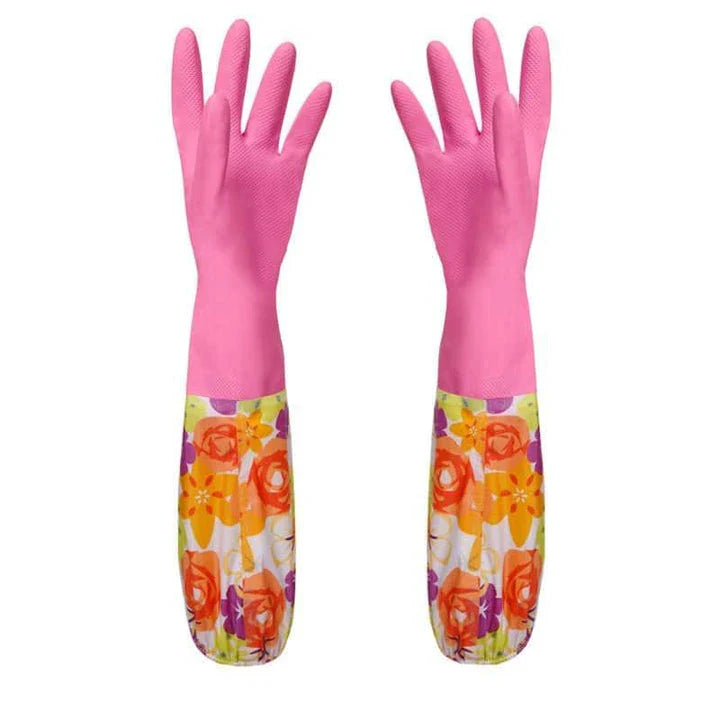 Elegant floral print rubber kitchen gloves with long 49.5 cm length for superior arm coverage and protection